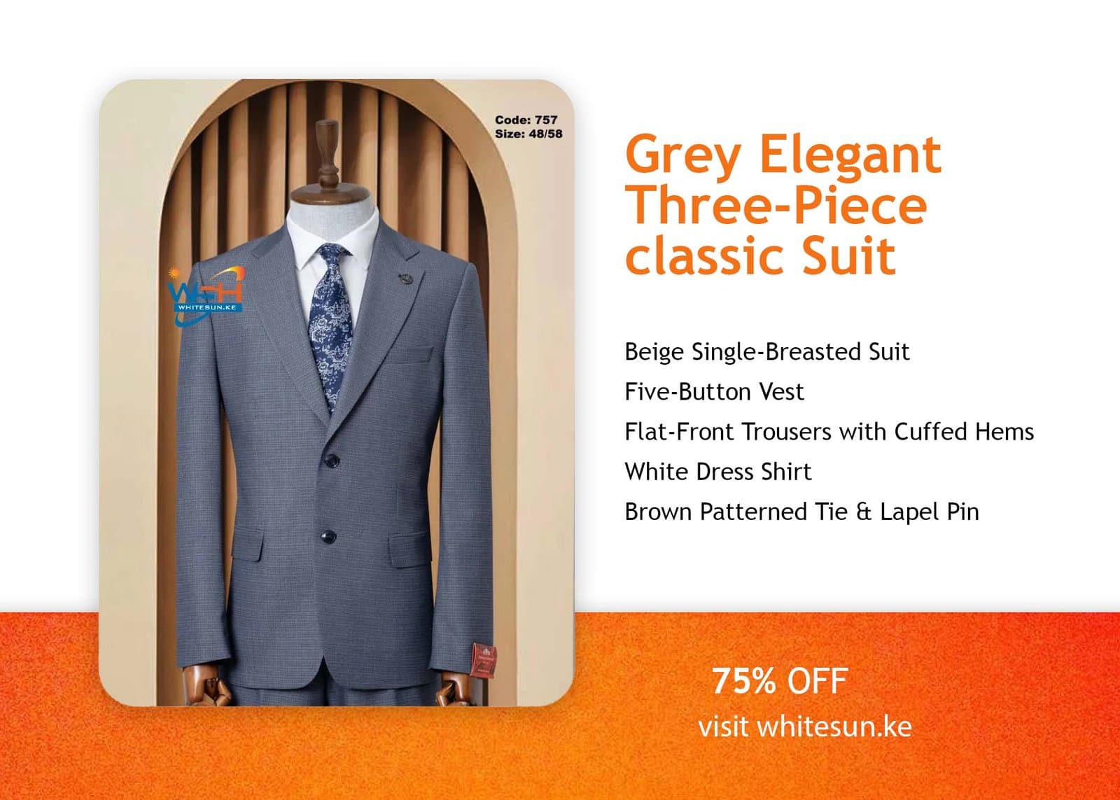 Grey Three-Piece classic Suit Thumbnail 3