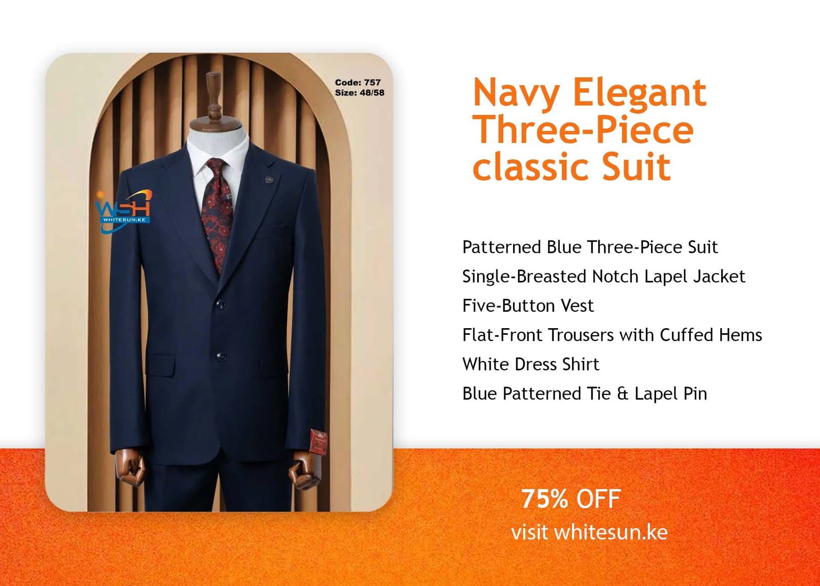Navy Elegant Three-Piece classic Suit Thumbnail 3