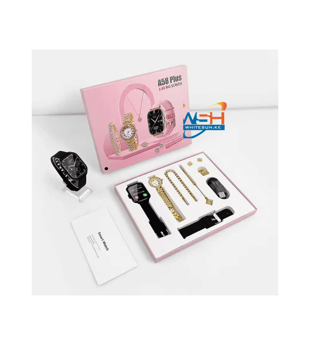6 IN 1 Smart Watch A58 Plus with - Necklace -Earrings -Bracelet -Ring Luxury Gift Box For Women Thumbnail 3