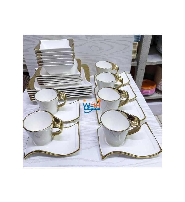 30pcs Wavy Ceramic Dinner Set with Gold Finish