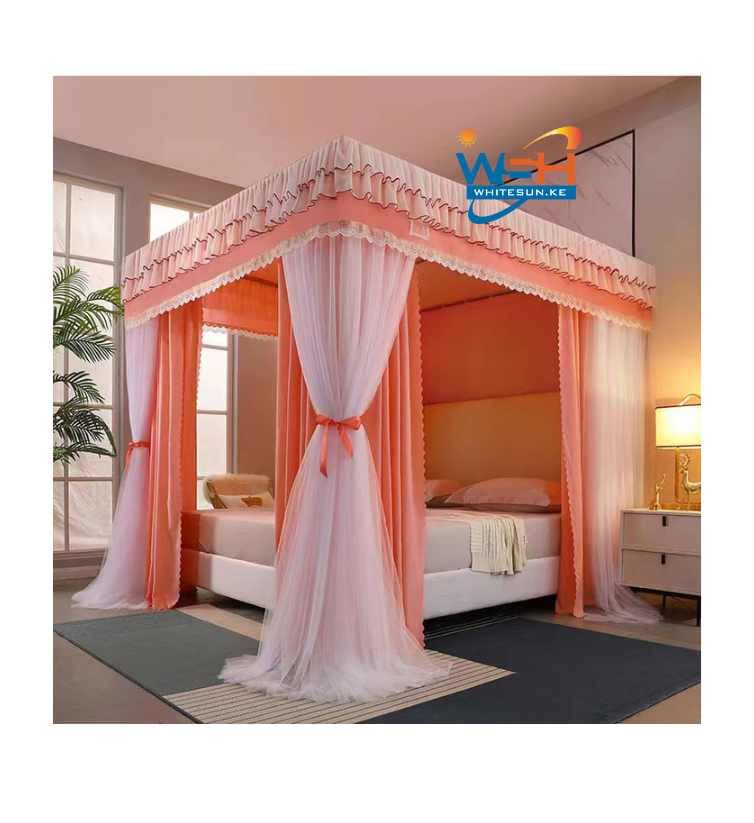 Size 6 by 6 Fancy Canopy 4 stand Bedroom Mosquito Net with Stainless Steel Bracket , Princess Room Decorative Bed Curtain