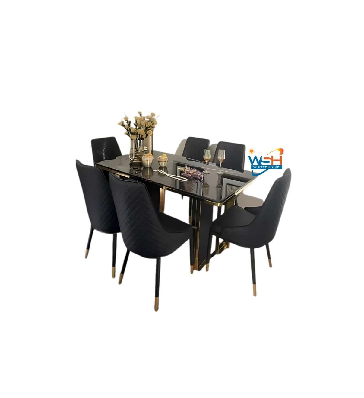 Luxury 6-Seater Black Glass Dining Table Set – Modern Gold-Legged Dining Room Furniture with Velvet Upholstered Chairs