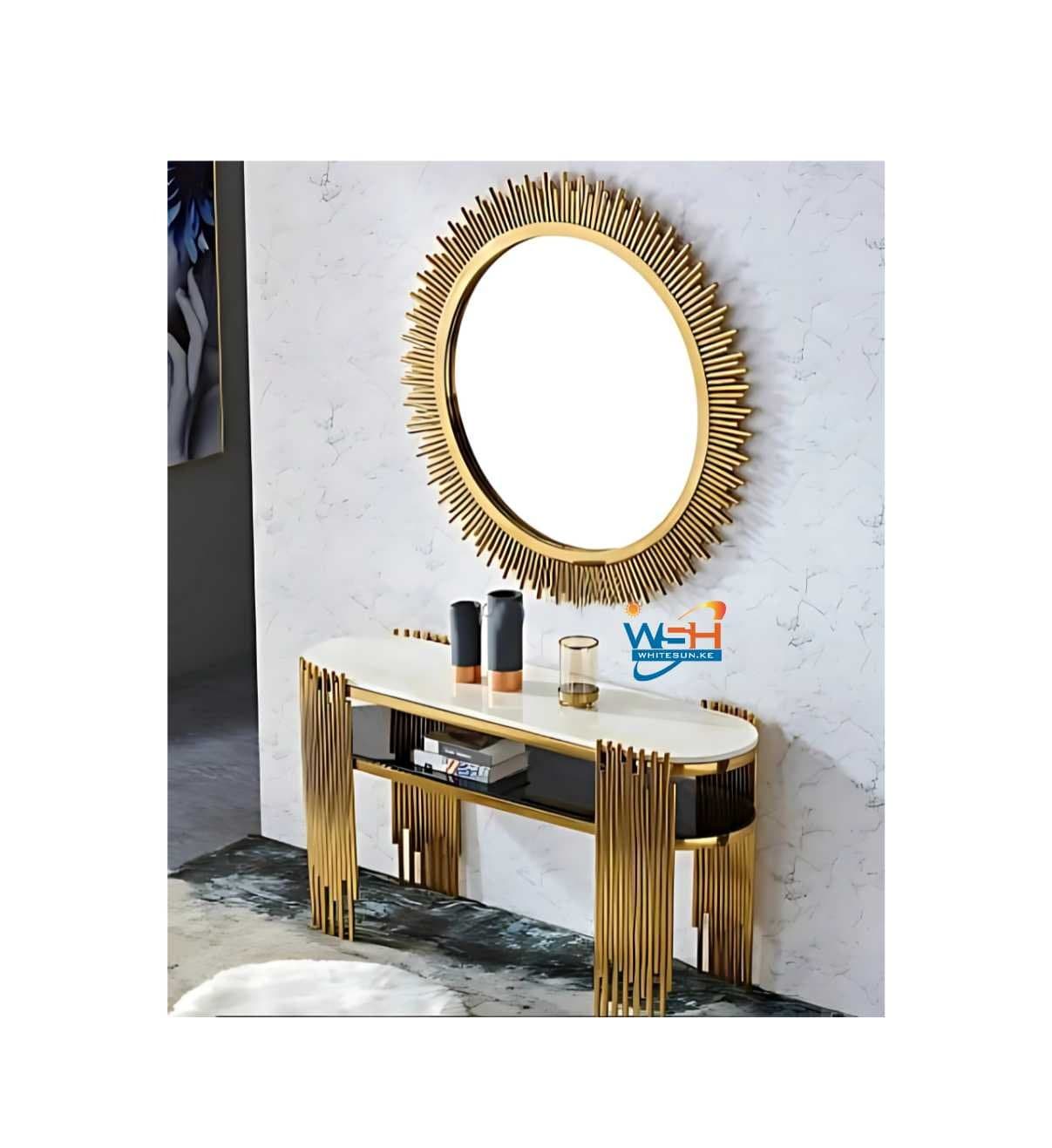 Luxury Modern Console Table with Matching Sunburst Mirror – Gold Stainless Steel & White Marble Entryway Table Set