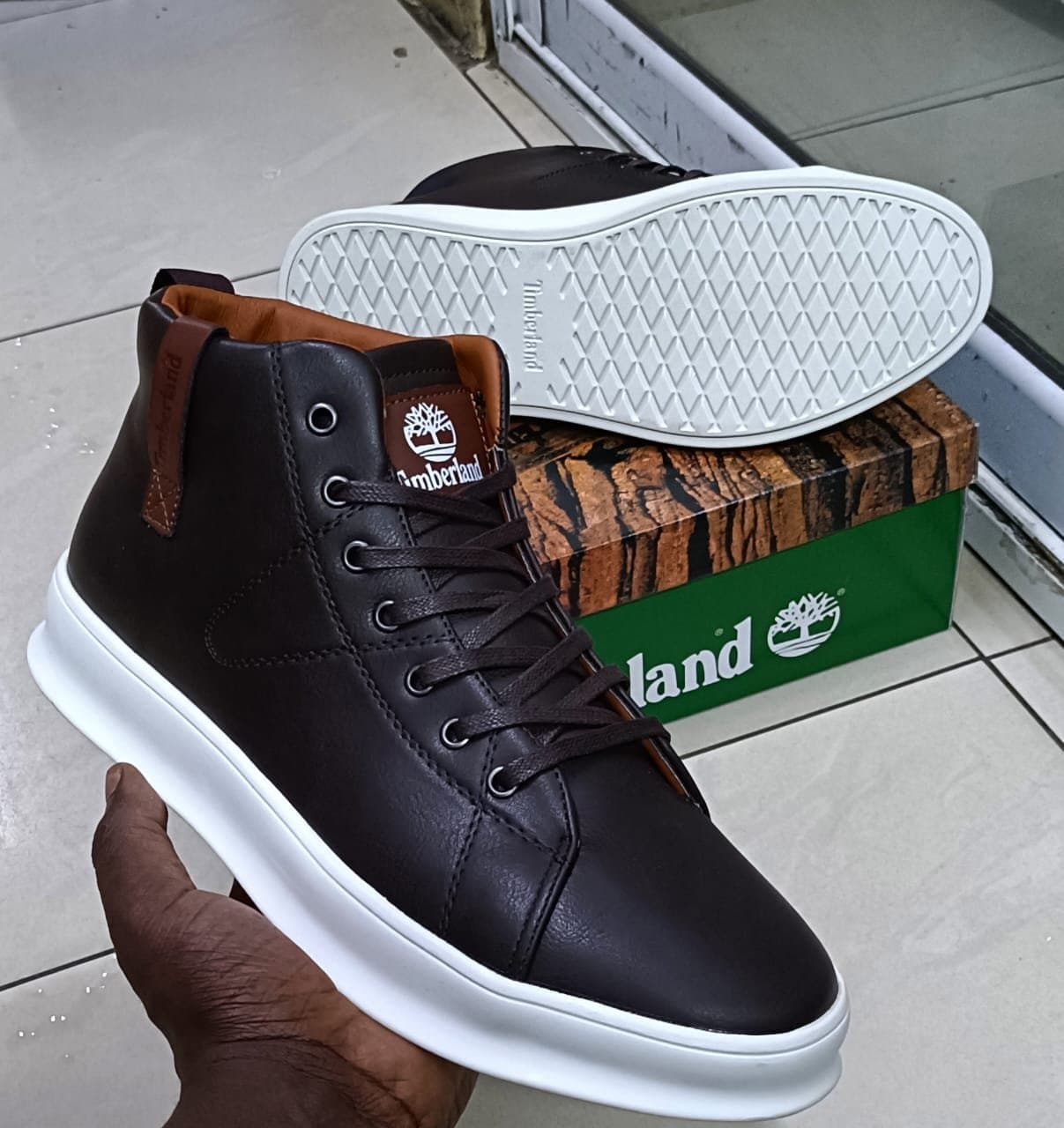 Timberland Men's Leather High-Top Sneakers – Premium Casual Boots for Men | Stylish Black Leather Shoes with White Sole | Durable Everyday Footwear