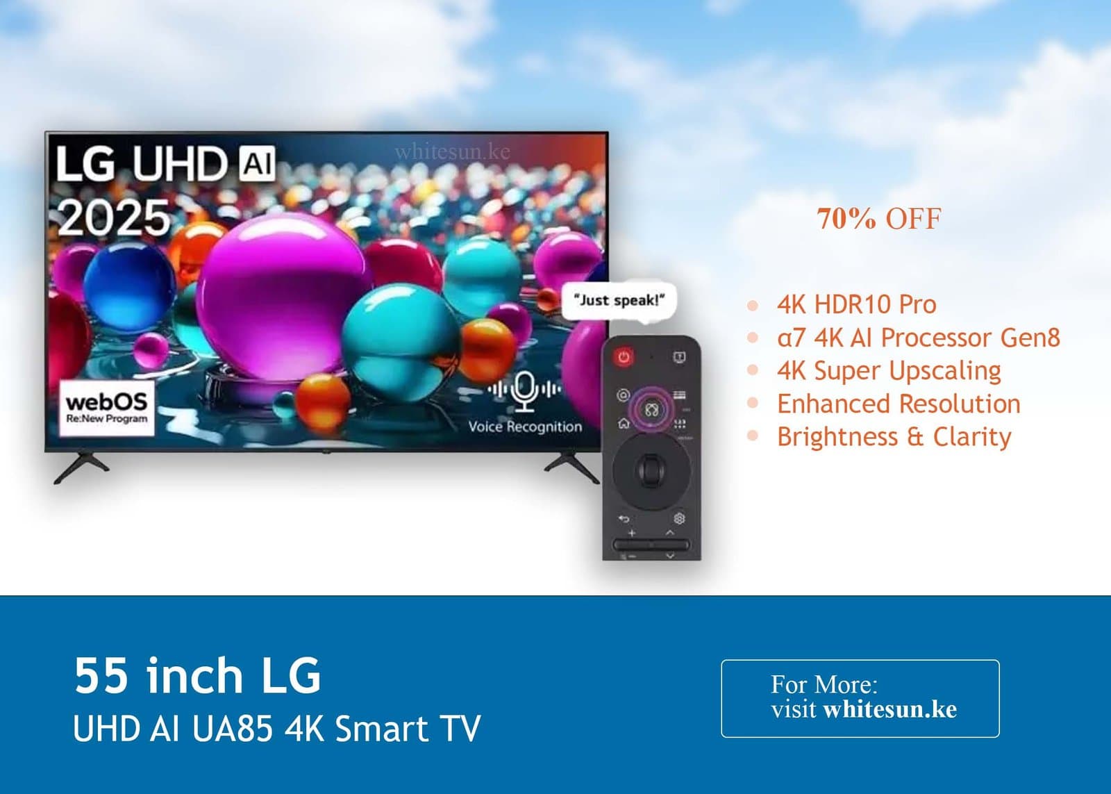 55 inch LG UHD AI UA85 4K Smart TV HDR10 webOS25 2025