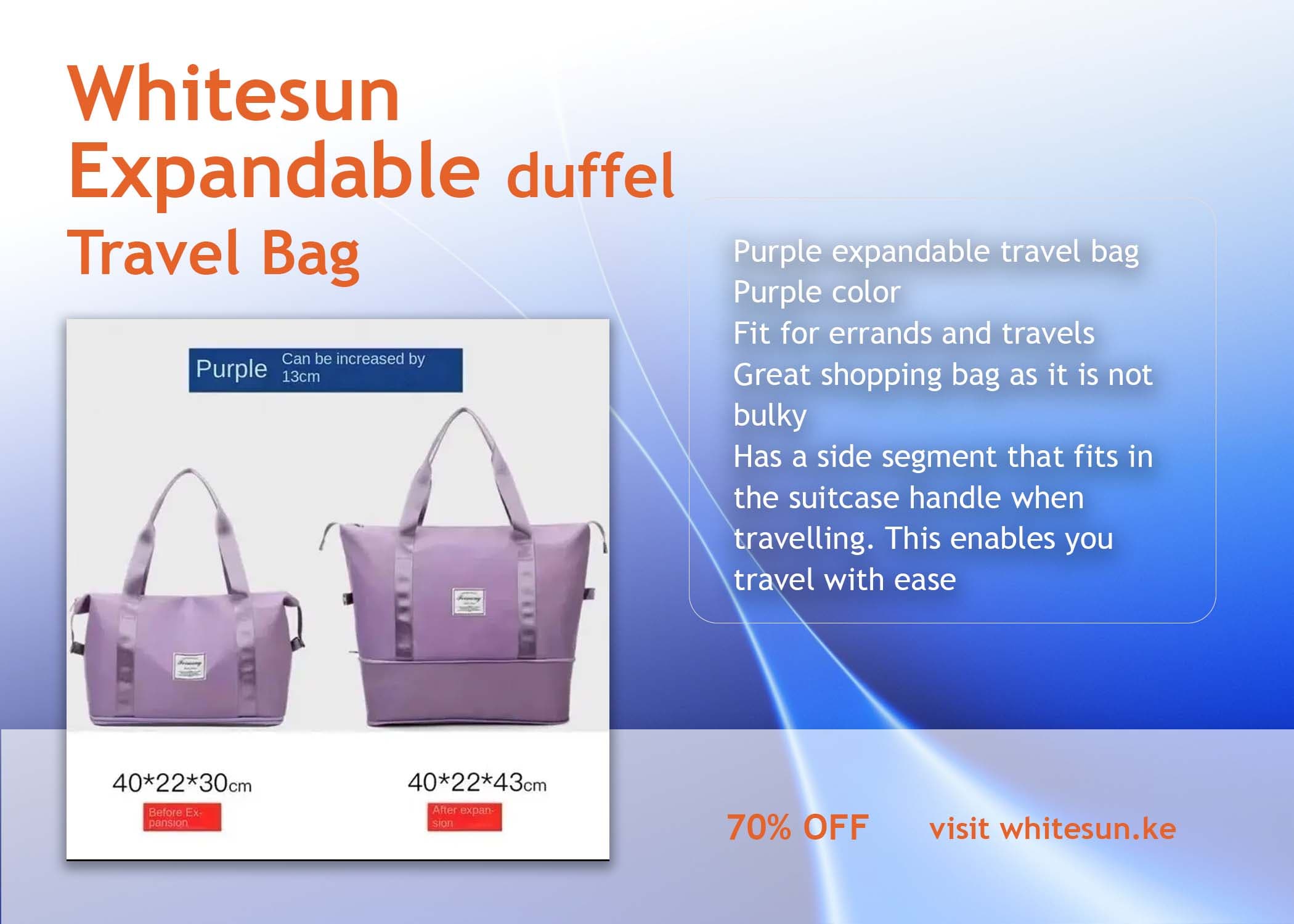 256# Whitesun Expandable duffel Ladies Purple travel duffel bag medium size gift for women