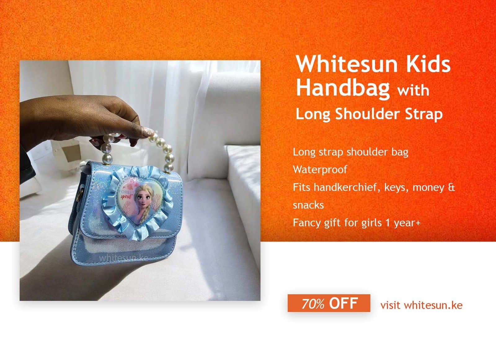 082# Whitesun Kids Handbag with Long Shoulder Strap – Waterproof Cartoon Birthday Gift for Girls 1–12 Years – Elsa Frozen Purple handbag Thumbnail 2