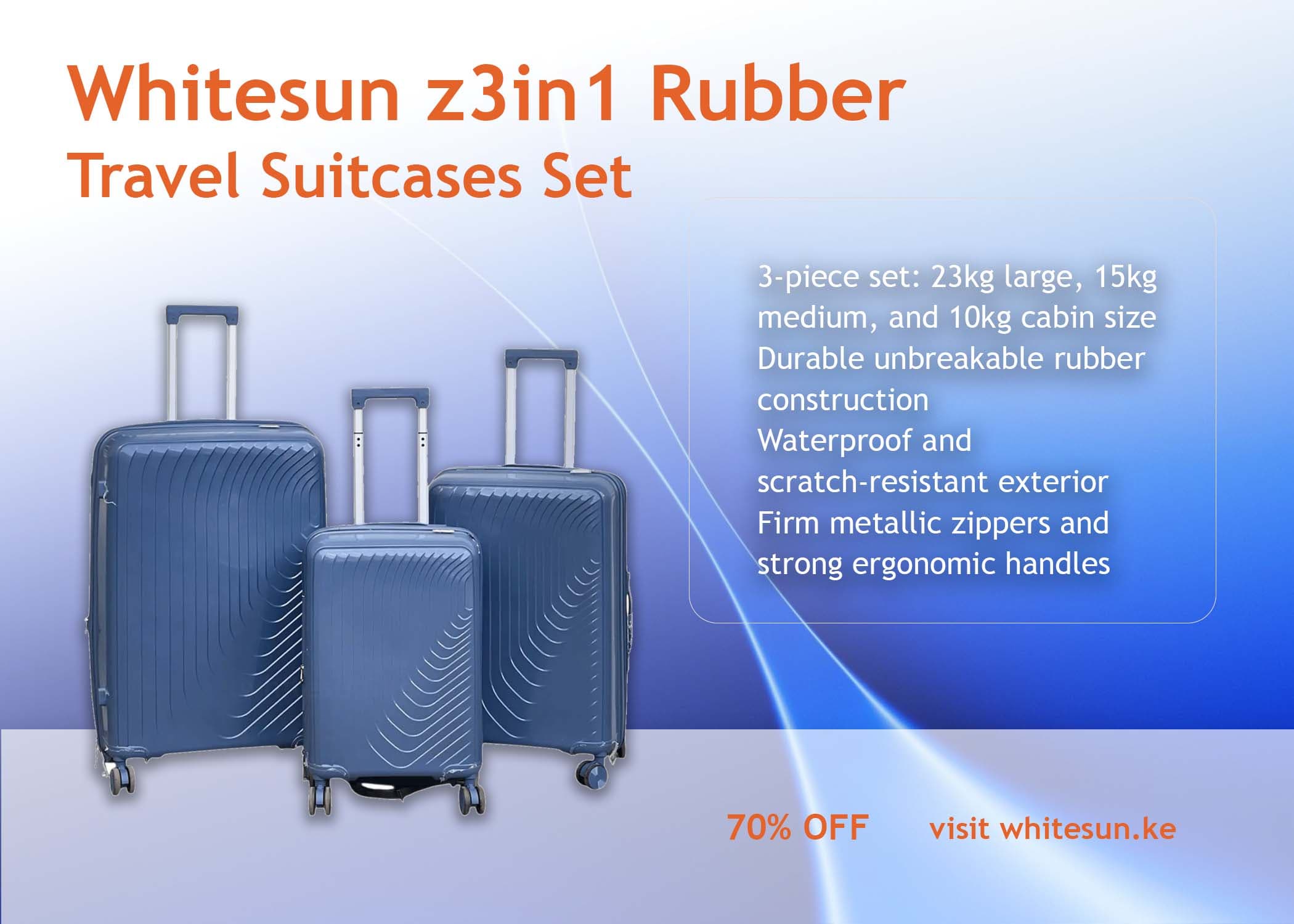 256# Whitesun z3in1 Rubber Travel Suitcases Set – Large 23kg, Medium 15kg, Cabin 10kg – Premium Waterproof, Scratch-Resistant, Unbreakable Luggage with Pinlock – Blue colour Thumbnail 2