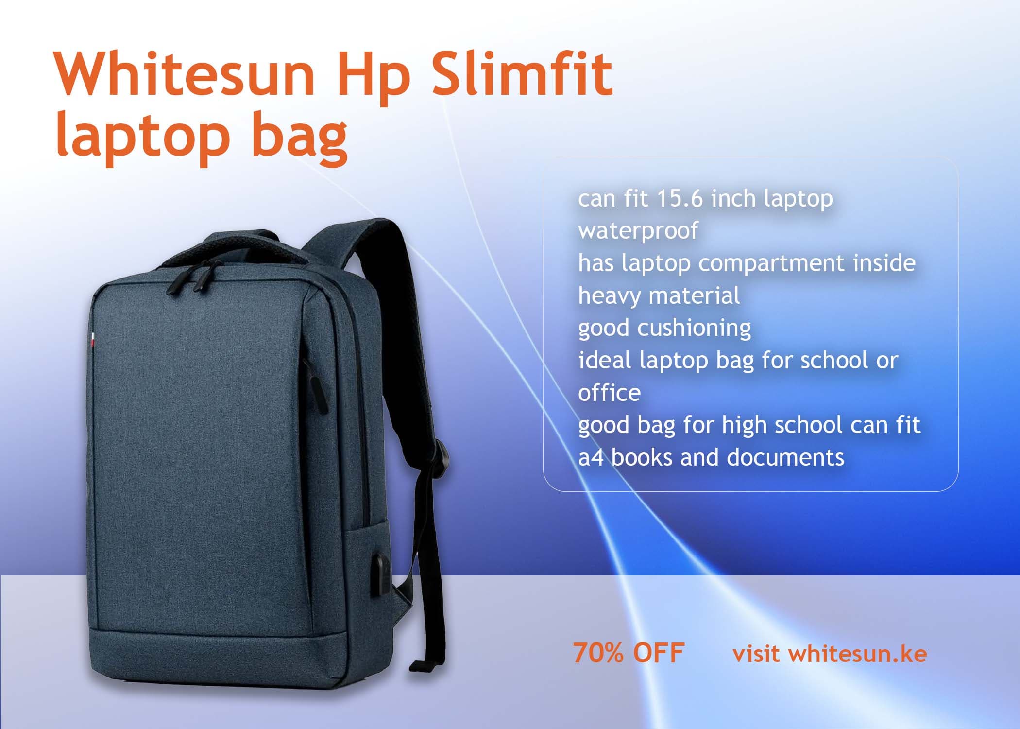 260# Whitesun Hp Slimfit laptop bag with USB cable college bag business backpack blue Thumbnail 5