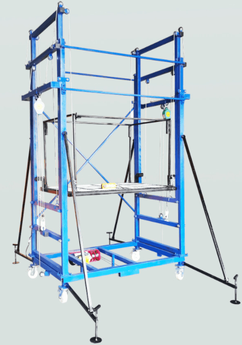 ELECTRIC EXTENSION SCAFFOLDING MAX EXNTENSION HEIGHT:5.0M CLOSE SIZE:160*100*260CM FOLDING SIZE:240*110*70CM VOLTAGE:220V/50HZ MOTOR POWER:1800W NW.:230KG MAX LAOD:300KG WITH 3 SECTION FRAME WITH FOUR WHEELS WITH WHEELS WITH GUARD BARS WITH EXTRA LEGS CAN NOT BE FOLDABLE with falling protector install the operator on the scaffolding